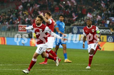 Fussball. FIFA. WM Qualifikationsspiel. European Qualifiers. Oesterreich gegen Israel.  Torjubel Louis Schaub, David Alaba (Oesterreich). Klagenfurt, Woerthersee Stadion, 12.11.2021.
Foto: Kuess
---
pressefotos, pressefotografie, kuess, qs, qspictures, sport, bild, bilder, bilddatenbank