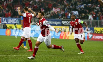 Fussball. FIFA. WM Qualifikationsspiel. European Qualifiers. Oesterreich gegen Israel.  Torjubel Louis Schaub, David Alaba (Oesterreich). Klagenfurt, Woerthersee Stadion, 12.11.2021.
Foto: Kuess
---
pressefotos, pressefotografie, kuess, qs, qspictures, sport, bild, bilder, bilddatenbank