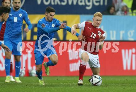 Fussball. FIFA. WM Qualifikationsspiel. European Qualifiers. Oesterreich gegen Israel. Nicolas Seiwald,  (Oesterreich),  Manor Solomon  (Isarael). Klagenfurt, Woerthersee Stadion, 12.11.2021.
Foto: Kuess
www.qspictures.net
---
pressefotos, pressefotografie, kuess, qs, qspictures, sport, bild, bilder, bilddatenbank