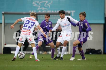 Fussball. Bundesliga. SK Austria Klagenfurt gegen  FK Austria Wien.   Alex Emilio Timossi Andersson, Patrick Greil (Klagenfurt),  Matthias Braunoeder, Ziad El Sheiwi (Wien). Klagenfurt, am 21.11.2021.
Foto: Kuess
www.qspictures.net
---
pressefotos, pressefotografie, kuess, qs, qspictures, sport, bild, bilder, bilddatenbank