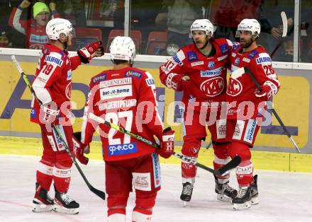 EBEL. Eishockey Bundesliga. KAC gegen	Tesla Orli Znojmo. Torjubel Manuel Ganahl, Martin Schumnig, Thomas Hundertpfund, Stefan Geier (KAC). Klagenfurt, am 21.11.2021.
Foto: Kuess
www.qspictures.net

---
pressefotos, pressefotografie, kuess, qs, qspictures, sport, bild, bilder, bilddatenbank