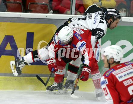 EBEL. Eishockey Bundesliga. KAC gegen	Tesla Orli Znojmo. Thomas Koch,  (KAC),  Zubov Ilya (Znojmo). Klagenfurt, am 21.11.2021.
Foto: Kuess
www.qspictures.net

---
pressefotos, pressefotografie, kuess, qs, qspictures, sport, bild, bilder, bilddatenbank