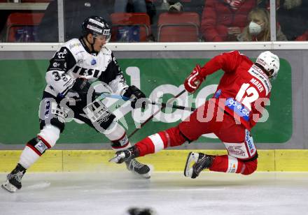 EBEL. Eishockey Bundesliga. KAC gegen	Tesla Orli Znojmo. David Maier (KAC),   Oscadal Vladimir (Znojmo). Klagenfurt, am 21.11.2021.
Foto: Kuess
www.qspictures.net

---
pressefotos, pressefotografie, kuess, qs, qspictures, sport, bild, bilder, bilddatenbank