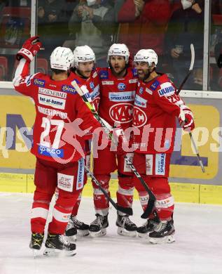 EBEL. Eishockey Bundesliga. KAC gegen	Tesla Orli Znojmo. Torjubel Thomas Hundertpfund, Stefan Geier, Manuel Ganahl, Martin Schumnig (KAC). Klagenfurt, am 21.11.2021.
Foto: Kuess
www.qspictures.net

---
pressefotos, pressefotografie, kuess, qs, qspictures, sport, bild, bilder, bilddatenbank