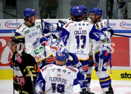 EBEL. Eishockey Bundesliga. VSV gegen spusu Vienna Capitals. Torjubel Scott Kosmachuk, John Hughes, Chris Collins, Philipp Lindner, Brett Flemming  (VSV). Villach, am 26.11.2021.
Foto: Kuess
www.qspictures.net
---
pressefotos, pressefotografie, kuess, qs, qspictures, sport, bild, bilder, bilddatenbank