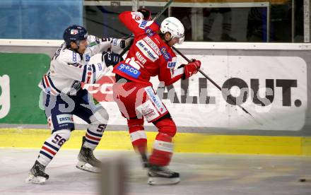 EBEL. Eishockey Bundesliga. KAC gegen	Hydro Fehervar AV 19. David Maier,  (KAC), Kristof Retfalvi  (Fehervar). Klagenfurt, am 28.11.2021.
Foto: Kuess
www.qspictures.net

---
pressefotos, pressefotografie, kuess, qs, qspictures, sport, bild, bilder, bilddatenbank