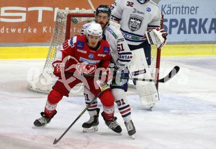 EBEL. Eishockey Bundesliga. KAC gegen	Hydro Fehervar AV 19.  Nikolaus Kraus,  (KAC),  Timothy Campbell (Fehervar). Klagenfurt, am 28.11.2021.
Foto: Kuess
www.qspictures.net

---
pressefotos, pressefotografie, kuess, qs, qspictures, sport, bild, bilder, bilddatenbank