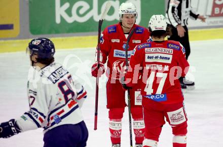 EBEL. Eishockey Bundesliga. KAC gegen	Hydro Fehervar AV 19. Torjubel Tobias Sablatnig, Marcel Witting (KAC). Klagenfurt, am 28.11.2021.
Foto: Kuess
www.qspictures.net

---
pressefotos, pressefotografie, kuess, qs, qspictures, sport, bild, bilder, bilddatenbank