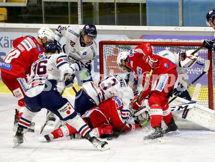 EBEL. Eishockey Bundesliga. KAC gegen	Hydro Fehervar AV 19. Fabian Hochegger, Daniel Obersteiner, Thomas Vallant (KAC),  Csanad Erdely, Kristof Nemeth, Milan Horvath (Fehervar). Klagenfurt, am 28.11.2021.
Foto: Kuess
www.qspictures.net

---
pressefotos, pressefotografie, kuess, qs, qspictures, sport, bild, bilder, bilddatenbank