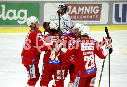 EBEL. Eishockey Bundesliga. KAC gegen	Hydro Fehervar AV 19. Torjubel Tobias Sablatnig, Marcel Witting, Fabian Hochegger, Martin Schumnig (KAC). Klagenfurt, am 28.11.2021.
Foto: Kuess
www.qspictures.net

---
pressefotos, pressefotografie, kuess, qs, qspictures, sport, bild, bilder, bilddatenbank