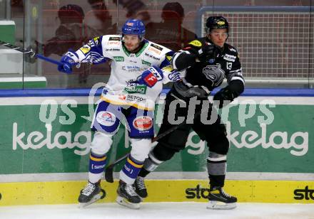 EBEL. Eishockey Bundesliga. VSV gegen Dornbirn Bulldogs.  Alexander Rauchenwald,  (VSV),  Philipp Poeschmann (Dornbirn Bulldogs). Villach, am 3.12.2021.
Foto: Kuess
www.qspictures.net
---
pressefotos, pressefotografie, kuess, qs, qspictures, sport, bild, bilder, bilddatenbank