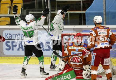 EBEL. Eishockey Bundesliga. KAC gegen	HK SZ Olimpija.  Torjubel Tadej Cimzar, Blaz Tomazevic  (Olimpija). Klagenfurt, am 7.12.2021.
Foto: Kuess
www.qspictures.net

---
pressefotos, pressefotografie, kuess, qs, qspictures, sport, bild, bilder, bilddatenbank