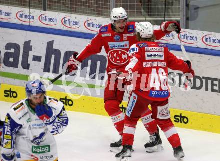 EBEL. Eishockey Bundesliga. VSV gegen KAC. Torjubel Lukas Haudum, Johannes Bischofberger, (KAC). Villach, am 10.12.2021.
Foto: Kuess
www.qspictures.net
---
pressefotos, pressefotografie, kuess, qs, qspictures, sport, bild, bilder, bilddatenbank