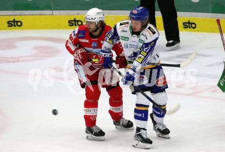 EBEL. Eishockey Bundesliga. VSV gegen KAC.  Yannic Pilloni,  (VSV), Daniel Obersteiner  (KAC). Villach, am 10.12.2021.
Foto: Kuess
www.qspictures.net
---
pressefotos, pressefotografie, kuess, qs, qspictures, sport, bild, bilder, bilddatenbank