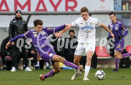 Fussball. Bundesliga. SK Austria Klagenfurt gegen  SK Puntigamer Sturm Graz. Alexander Fuchs,  (Klagenfurt), Alexander Prass  (Graz). Klagenfurt, am 12.12.2021.
Foto: Kuess
www.qspictures.net
---
pressefotos, pressefotografie, kuess, qs, qspictures, sport, bild, bilder, bilddatenbank