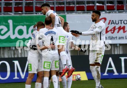 Fussball. Bundesliga. SK Austria Klagenfurt gegen  SK Puntigamer Sturm Graz. Torjubel Kelvin Kwarteng Yeboah, Amadou Dante, Alexander Prass, Jan Gorenc-Stankovic, Gregory Wuethrich, Jusuf Gazibegovic (Graz). Klagenfurt, am 12.12.2021.
Foto: Kuess
www.qspictures.net
---
pressefotos, pressefotografie, kuess, qs, qspictures, sport, bild, bilder, bilddatenbank