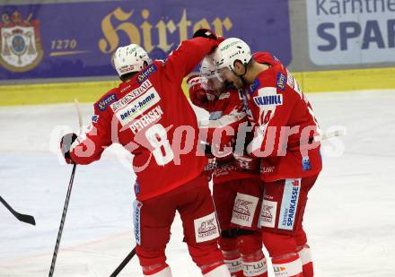 EBEL. Eishockey Bundesliga. KAC gegen	Moser Medical Graz99ers. Torjubel Ticar Rok, Postma Paul, Petersen Nicholas Eric, Koch Thomas, (KAC). Klagenfurt, am 19.12.2021.
Foto: Kuess
www.qspictures.net

---
pressefotos, pressefotografie, kuess, qs, qspictures, sport, bild, bilder, bilddatenbank