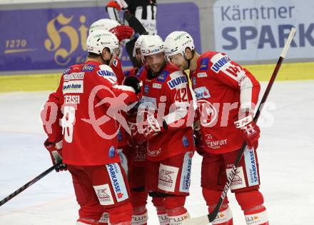 EBEL. Eishockey Bundesliga. KAC gegen	Moser Medical Graz99ers. Torjubel Ticar Rok, Postma Paul, Petersen Nicholas Eric, Koch Thomas, Fraser Matthew (KAC). Klagenfurt, am 19.12.2021.
Foto: Kuess
www.qspictures.net

---
pressefotos, pressefotografie, kuess, qs, qspictures, sport, bild, bilder, bilddatenbank