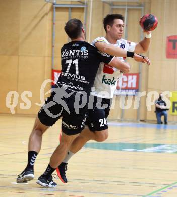 Handball. SC Ferlach gegen Baernbach/Koeflach. Mladan Jovanovic,   (SCF),  Klemen Cehte (Baernbach/Koeflach). Ferlach, am 18.12.2021.
Foto: Kuess
---
pressefotos, pressefotografie, kuess, qs, qspictures, sport, bild, bilder, bilddatenbank