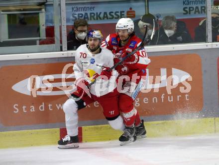 EBEL. Eishockey Bundesliga. KAC gegen	EC Red Bull Salzburg. Ganahl Manuel (KAC), Nissner Benjamin  (Salzburg). Klagenfurt, am 21.12.2021.
Foto: Kuess
www.qspictures.net

---
pressefotos, pressefotografie, kuess, qs, qspictures, sport, bild, bilder, bilddatenbank