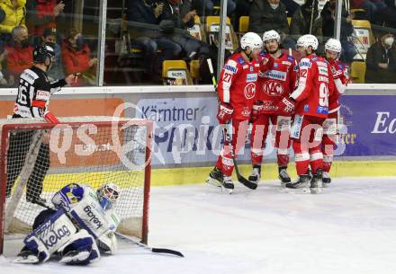 EBEL. Eishockey Bundesliga. KAC gegen	VSV. Torjubel Manuel Ganahl, Daniel Obersteiner, Thomas HUndertpfund,  Clemens Unterweger (KAC). Klagenfurt, am 25.1.2022.
Foto: Kuess
www.qspictures.net

---
pressefotos, pressefotografie, kuess, qs, qspictures, sport, bild, bilder, bilddatenbank