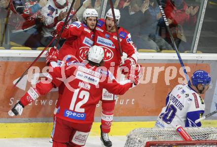 EBEL. Eishockey Bundesliga. KAC gegen	VSV. Torjubel Niklas Andre Wuerschl, Paul Postma, David Maier (KAC). Klagenfurt, am 25.1.2022.
Foto: Kuess
www.qspictures.net

---
pressefotos, pressefotografie, kuess, qs, qspictures, sport, bild, bilder, bilddatenbank