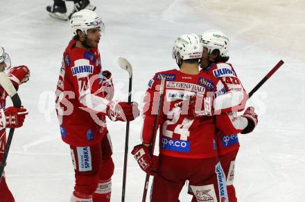 EBEL. Eishockey Bundesliga. KAC gegen	VSV. Torjubel Niklas Andre Wuerschl, Steven Strong, Samuel Witting, (KAC). Klagenfurt, am 25.1.2022.
Foto: Kuess
www.qspictures.net

---
pressefotos, pressefotografie, kuess, qs, qspictures, sport, bild, bilder, bilddatenbank