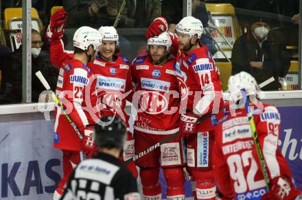 EBEL. Eishockey Bundesliga. KAC gegen	VSV. Torjubel Manuel Ganahl, Daniel Obersteiner, Thomas HUndertpfund, Paul Postma, Clemens Unterweger (KAC). Klagenfurt, am 25.1.2022.
Foto: Kuess
www.qspictures.net

---
pressefotos, pressefotografie, kuess, qs, qspictures, sport, bild, bilder, bilddatenbank