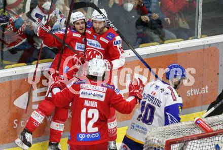 EBEL. Eishockey Bundesliga. KAC gegen	VSV. Torjubel Niklas Andre Wuerschl, Paul Postma, David Maier (KAC). Klagenfurt, am 25.1.2022.
Foto: Kuess
www.qspictures.net

---
pressefotos, pressefotografie, kuess, qs, qspictures, sport, bild, bilder, bilddatenbank