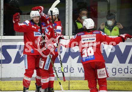 EBEL. Eishockey Bundesliga. KAC gegen	VSV. Torjubel Manuel Ganahl, Thomas Hundertpfund, Daniel Obersteiner (KAC). Klagenfurt, am 25.1.2022.
Foto: Kuess
www.qspictures.net

---
pressefotos, pressefotografie, kuess, qs, qspictures, sport, bild, bilder, bilddatenbank