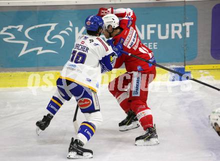 EBEL. Eishockey Bundesliga. KAC gegen	VSV. Lukas Haudum, (KAC),   Stefan Bacher  (VSV). Klagenfurt, am 25.1.2022.
Foto: Kuess
www.qspictures.net

---
pressefotos, pressefotografie, kuess, qs, qspictures, sport, bild, bilder, bilddatenbank