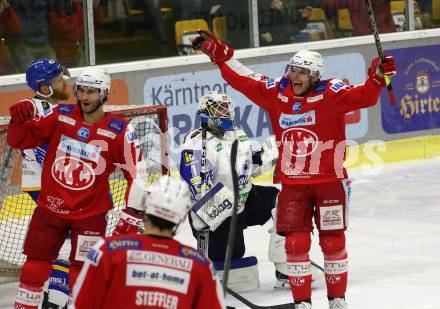 EBEL. Eishockey Bundesliga. KAC gegen	VSV. Torjubel Niklas Andre Wuerschl, Fabian Hochegger, Kele Steffler (KAC). Klagenfurt, am 25.1.2022.
Foto: Kuess
www.qspictures.net

---
pressefotos, pressefotografie, kuess, qs, qspictures, sport, bild, bilder, bilddatenbank