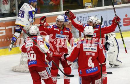 EBEL. Eishockey Bundesliga. KAC gegen	VSV. Torjubel Niklas Andre Wuerschl, Fabian Hochegger, Kele Steffler, Samuel Witting (KAC). Klagenfurt, am 25.1.2022.
Foto: Kuess
www.qspictures.net

---
pressefotos, pressefotografie, kuess, qs, qspictures, sport, bild, bilder, bilddatenbank