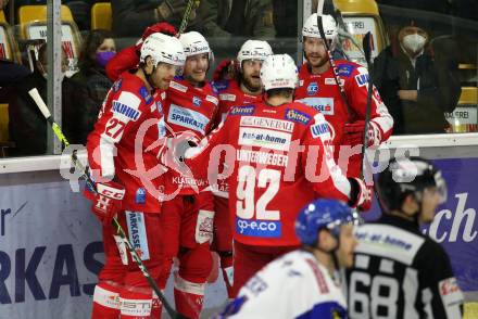 EBEL. Eishockey Bundesliga. KAC gegen	VSV. Torjubel Manuel Ganahl, Daniel Obersteiner, Thomas HUndertpfund, Paul Postma, Clemens Unterweger (KAC). Klagenfurt, am 25.1.2022.
Foto: Kuess
www.qspictures.net

---
pressefotos, pressefotografie, kuess, qs, qspictures, sport, bild, bilder, bilddatenbank