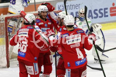 EBEL. Eishockey Bundesliga. KAC gegen	VSV. Torjubel Niklas Andre Wuerschl, Fabian Hochegger, Kele Steffler, Samuel Witting (KAC). Klagenfurt, am 25.1.2022.
Foto: Kuess
www.qspictures.net

---
pressefotos, pressefotografie, kuess, qs, qspictures, sport, bild, bilder, bilddatenbank