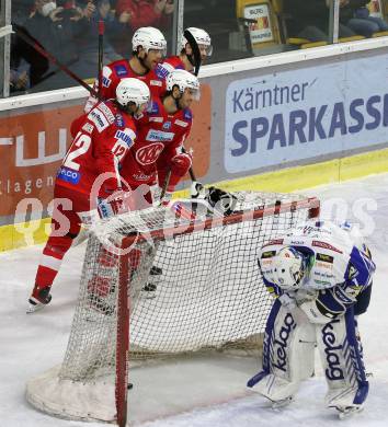 EBEL. Eishockey Bundesliga. KAC gegen	VSV. Torjubel Niklas Andre Wuerschl, Paul PÃostma, David Maier, Thomas Hundertpfund (KAC). Klagenfurt, am 25.1.2022.
Foto: Kuess
www.qspictures.net

---
pressefotos, pressefotografie, kuess, qs, qspictures, sport, bild, bilder, bilddatenbank