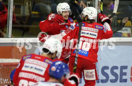 EBEL. Eishockey Bundesliga. KAC gegen	VSV. Torjubel Manuel Ganahl, Daniel Obersteiner (KAC). Klagenfurt, am 25.1.2022.
Foto: Kuess
www.qspictures.net

---
pressefotos, pressefotografie, kuess, qs, qspictures, sport, bild, bilder, bilddatenbank