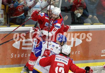 EBEL. Eishockey Bundesliga. KAC gegen	VSV. Torjubel Niklas Andre Wuerschl, Paul Postma, David Maier (KAC). Klagenfurt, am 25.1.2022.
Foto: Kuess
www.qspictures.net

---
pressefotos, pressefotografie, kuess, qs, qspictures, sport, bild, bilder, bilddatenbank