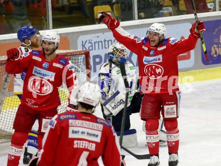 EBEL. Eishockey Bundesliga. KAC gegen	VSV.  Torjubel Niklas Andre Wuerschl, Fabian Hochegger, Kele Steffler (KAC). Klagenfurt, am 25.1.2022.
Foto: Kuess
www.qspictures.net

---
pressefotos, pressefotografie, kuess, qs, qspictures, sport, bild, bilder, bilddatenbank