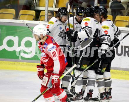 EBEL. Eishockey Bundesliga. KAC gegen	Dornbirn Bulldogs. Torjubel Pavlo Padakin, Shawn Odonell, Nikita Jevpalovs, Nicholas Ross (Dornbirn Bulldogs). Klagenfurt, am 28.1.2022.
Foto: Kuess
www.qspictures.net

---
pressefotos, pressefotografie, kuess, qs, qspictures, sport, bild, bilder, bilddatenbank