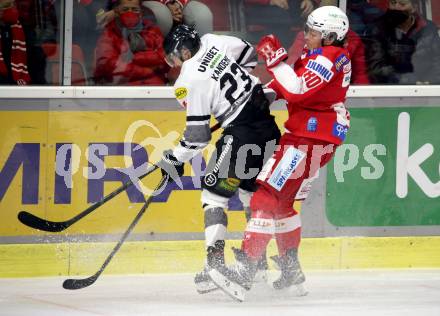 EBEL. Eishockey Bundesliga. KAC gegen	Dornbirn Bulldogs. Nikolaus Kraus (KAC), Adem Kandemir (Dornbirn Bulldogs). Klagenfurt, am 28.1.2022.
Foto: Kuess
www.qspictures.net

---
pressefotos, pressefotografie, kuess, qs, qspictures, sport, bild, bilder, bilddatenbank