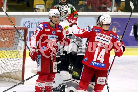 EBEL. Eishockey Bundesliga. KAC gegen	Dornbirn Bulldogs. Torjubel Lukas Haudum, Paul Postma (KAC). Klagenfurt, am 28.1.2022.
Foto: Kuess
www.qspictures.net

---
pressefotos, pressefotografie, kuess, qs, qspictures, sport, bild, bilder, bilddatenbank