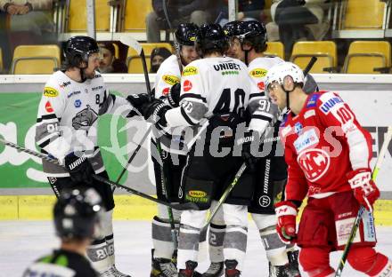 EBEL. Eishockey Bundesliga. KAC gegen	Dornbirn Bulldogs. Torjubel Pavlo Padakin, Shawn Odonell, Nikita Jevpalovs, Nicholas Ross (Dornbirn Bulldogs). Klagenfurt, am 28.1.2022.
Foto: Kuess
www.qspictures.net

---
pressefotos, pressefotografie, kuess, qs, qspictures, sport, bild, bilder, bilddatenbank