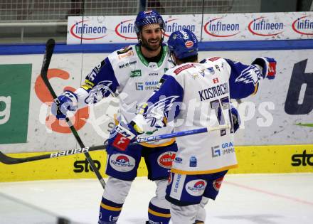 EBEL. Eishockey Bundesliga. VSV gegen Tesla Orli Znojmo.  Torjubel Travis Oleksuk, Scott Kosmachuk (VSV). Villach, am 2.2.2022.
Foto: Kuess
www.qspictures.net
---
pressefotos, pressefotografie, kuess, qs, qspictures, sport, bild, bilder, bilddatenbank