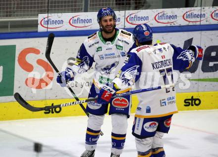 EBEL. Eishockey Bundesliga. VSV gegen Tesla Orli Znojmo.  Torjubel Travis Oleksuk, Scott Kosmachuk (VSV). Villach, am 2.2.2022.
Foto: Kuess
www.qspictures.net
---
pressefotos, pressefotografie, kuess, qs, qspictures, sport, bild, bilder, bilddatenbank