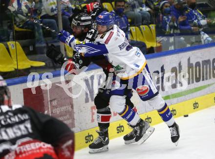 EBEL. Eishockey Bundesliga. VSV gegen Tesla Orli Znojmo. Alexander Rauchenwald,   (VSV), Joshua Brittain  (Znojmo). Villach, am 2.2.2022.
Foto: Kuess
www.qspictures.net
---
pressefotos, pressefotografie, kuess, qs, qspictures, sport, bild, bilder, bilddatenbank