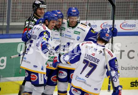 EBEL. Eishockey Bundesliga. VSV gegen Tesla Orli Znojmo. Torjubel Travis Oleksuk, Scott Kosmachuk, Rick SAchofield, Philipp Lindner  (VSV). Villach, am 2.2.2022.
Foto: Kuess
www.qspictures.net
---
pressefotos, pressefotografie, kuess, qs, qspictures, sport, bild, bilder, bilddatenbank