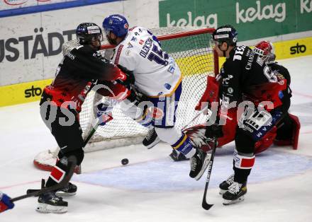 EBEL. Eishockey Bundesliga. VSV gegen Tesla Orli Znojmo. Travis Oleksuk,  (VSV), Josef Hrabal,, Pavel Kantor, Tor Eriksson Immo   (Znojmo). Villach, am 2.2.2022.
Foto: Kuess
www.qspictures.net
---
pressefotos, pressefotografie, kuess, qs, qspictures, sport, bild, bilder, bilddatenbank