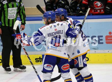 EBEL. Eishockey Bundesliga. VSV gegen Tesla Orli Znojmo. Torjubel Alexander Rauchenwald, Derek Joslin  (VSV). Villach, am 2.2.2022.
Foto: Kuess
www.qspictures.net
---
pressefotos, pressefotografie, kuess, qs, qspictures, sport, bild, bilder, bilddatenbank