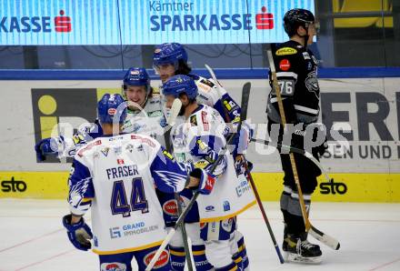 EBEL. Eishockey Bundesliga. VSV gegen Dornbirn Bulldogs. Torjubel Benjamin Lanzinger, Maximilian Rebernig, Nico Brunner, Jamie Fraser  (VSV). Villach, am 5.2.2022.
Foto: Kuess
www.qspictures.net
---
pressefotos, pressefotografie, kuess, qs, qspictures, sport, bild, bilder, bilddatenbank